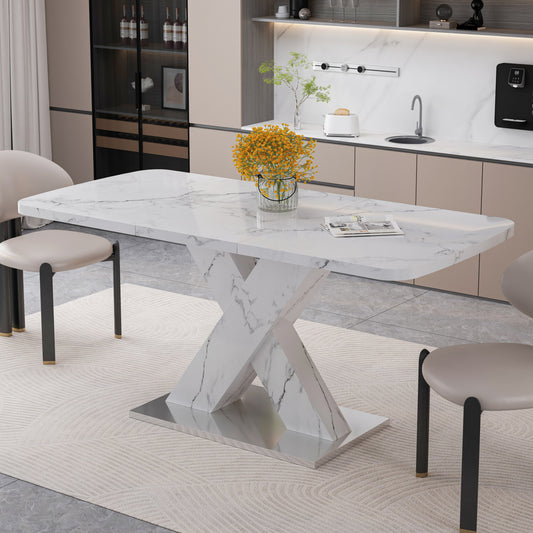 Modern Square Dining Table, Stretchable, with Printed White Marble Table Top+MDF X-Shape Table Leg with Metal Base (Same SKU:W757S00007)