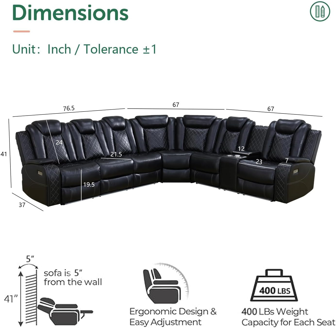 Black Leather Power Reclining Sectional Sofa Living Room