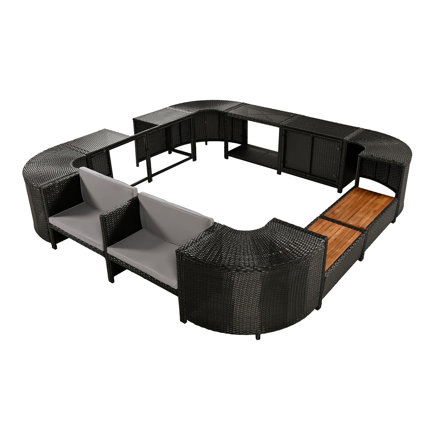 Modern Spa Surround Outdoor Rattan Sectional Sofa Set with Wooden Seats and Storage Spaces, Grey