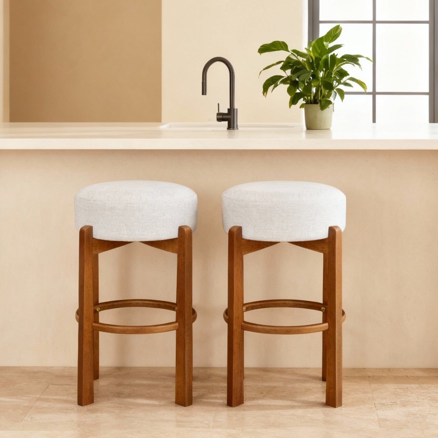 Vera Indoor Wooden Upholstered Barstool, Walnut Finish and Ivory Upholstery, Set of 2