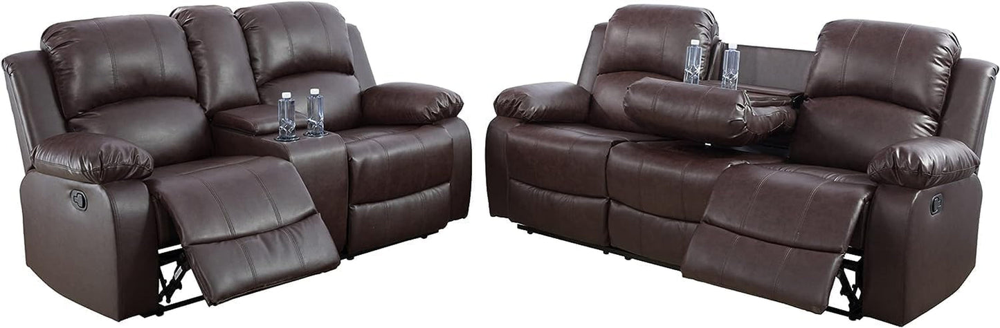 Bonded Leather Living Room Sofa Set With Reclining Sofa And Loveseat Brown