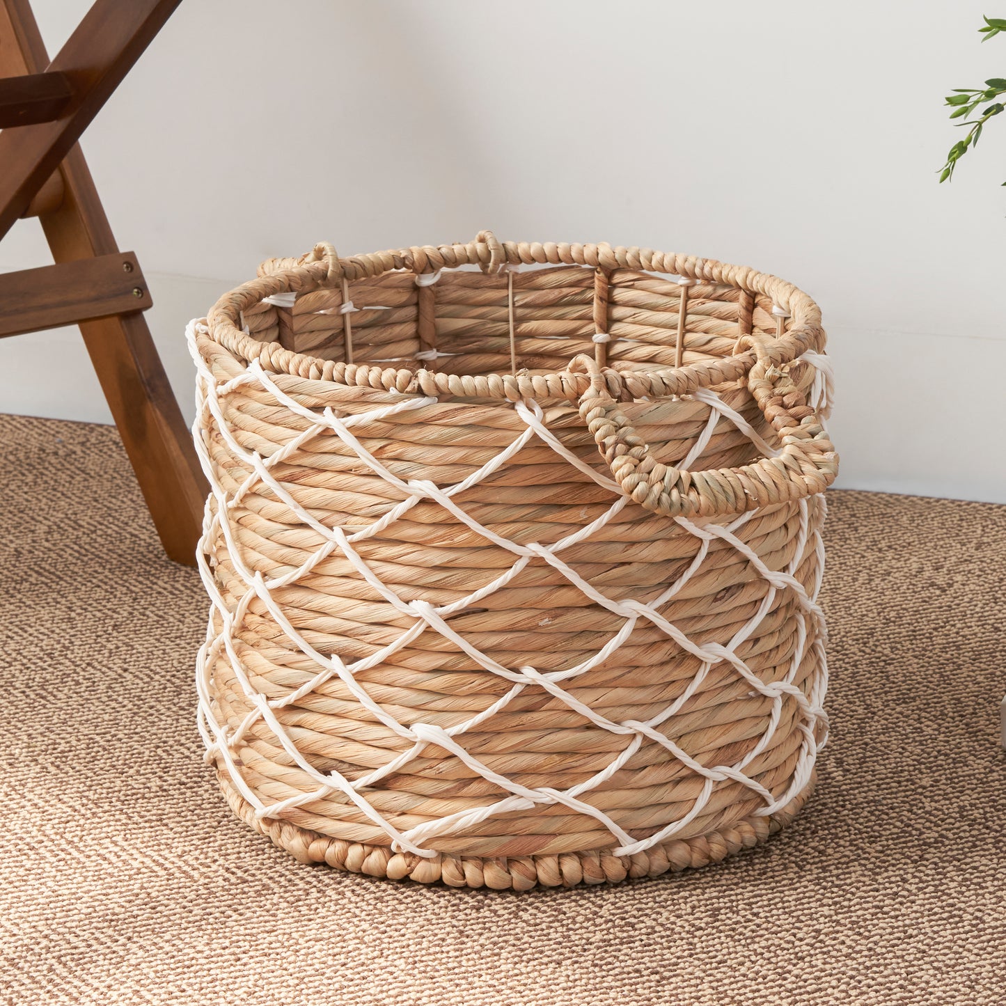 Round Water Hyacinth Woven Basket with Handles Natural Brown