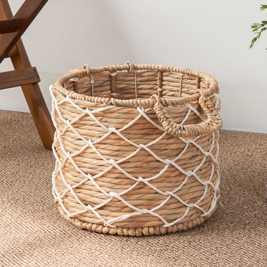Round Water Hyacinth Woven Basket with Handles Natural Brown