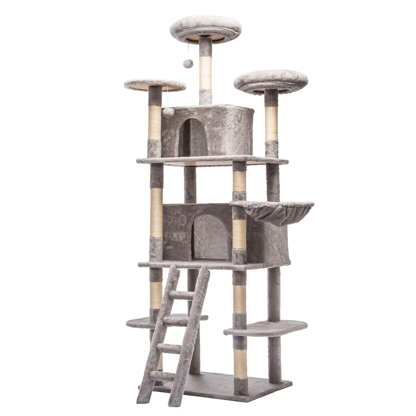 Large 70.87in Cat Tree W/2 Private Condos,3 Perches&Hanging Hammock,Skin-Friendly Short Plush&No Sharp Edges,Natural Sisal Scratching Areas,Safe & Stable for Multi-Cat Families,Kittens to Senior Cats