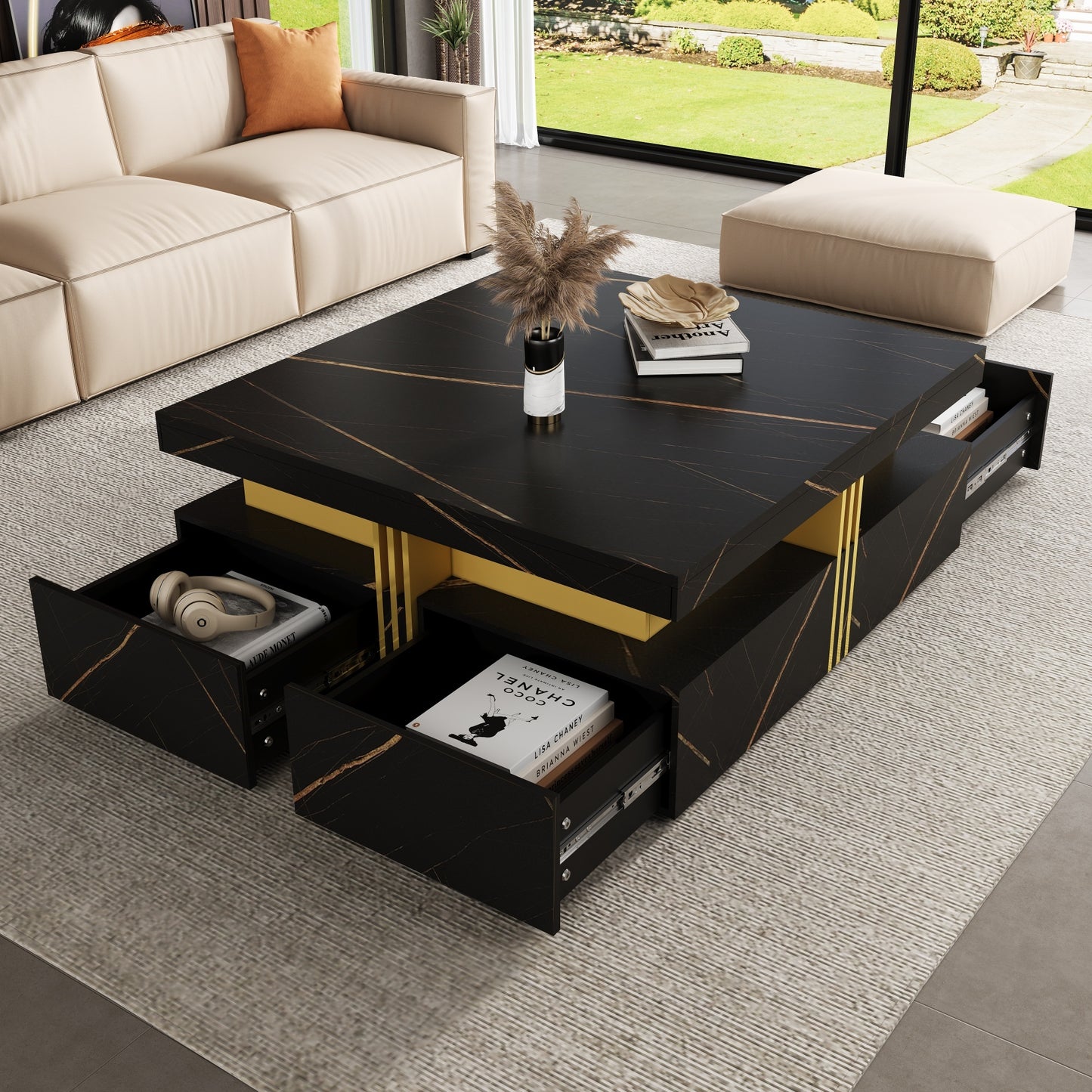 Modern Black Square Storage Coffee Table With 4 Drawers