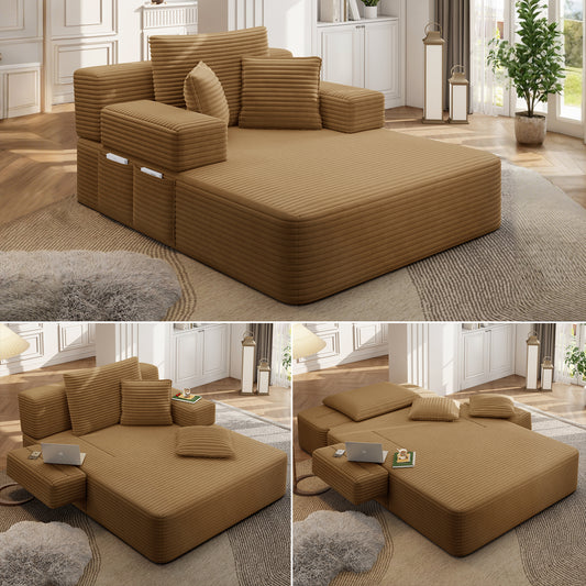 Oversized Plush Corduroy Chaise Lounge Sofa Bed,Convertible Sleeper Couch Bed w/ Storage Pockets,3 Soft Pillows ,Multi-Functional Frameless Sofa Couch for Apartment,Home Theater,Guest Room,Dorm,Camel
