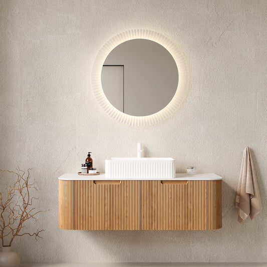 DINA 48' Bathroom Vanity with Sink, Wall-Mounted Curved Edges Striped Bathroom Storage Cabinet with 2 Drawers, White Rectangular Ceramic Basin, No Faucet, Pre-assembled, Natural Woodgrain Color