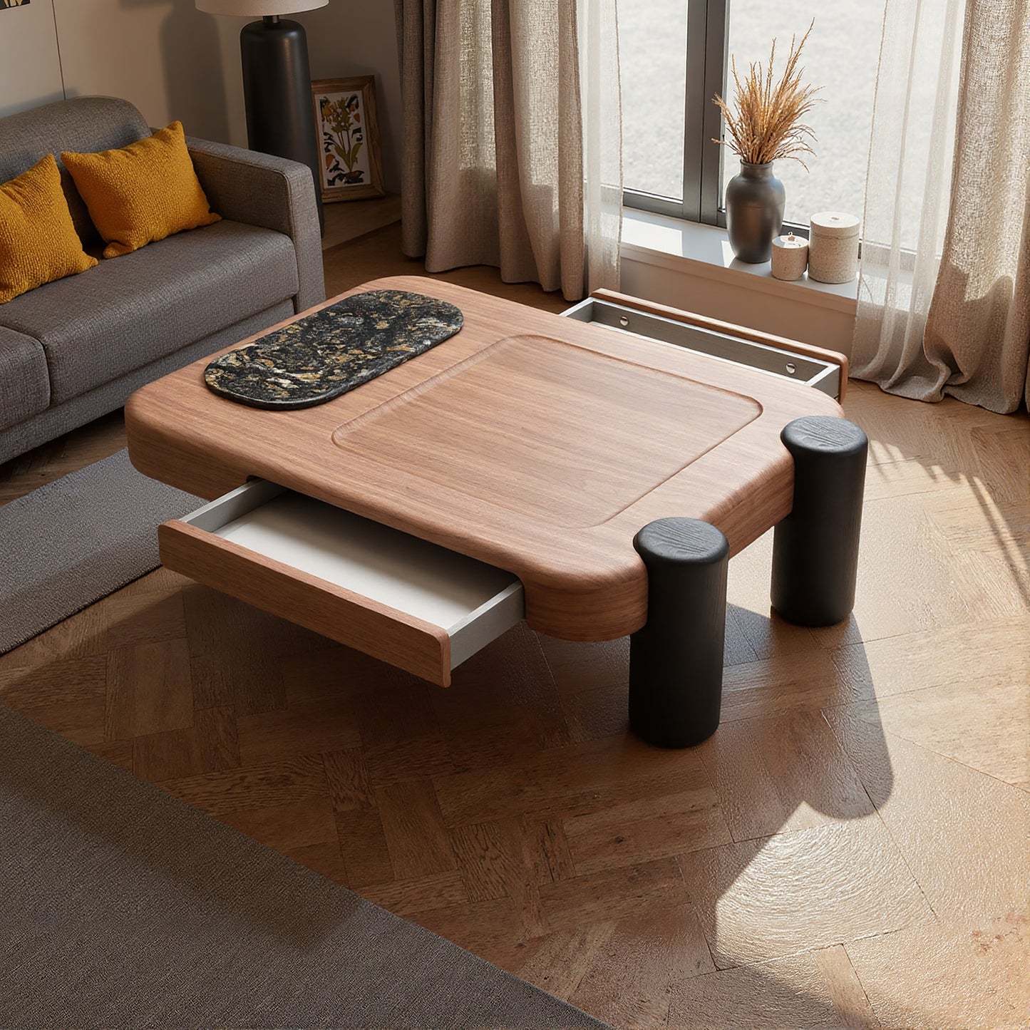 Modern Rectangle Coffee Table with 2 Drawers and Removable Marble Tray, Black and Brown Wood Veneer Finish, 46.46 Inch Width