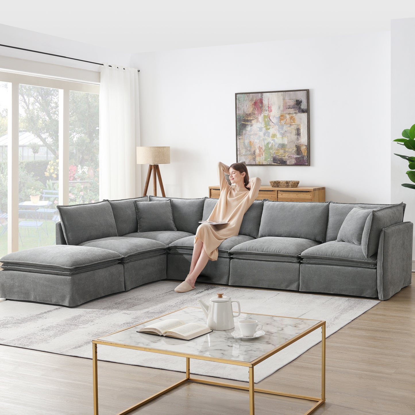 [VIDEO+NEW]125.5'' Modular Sectional Sofa with Movable Ottoman,6-seat L pholstered Indoor Furniture, Wide Seat ,Free Combination, Oversized Chenille Sofa for Living Room & Apartment,2 Colors