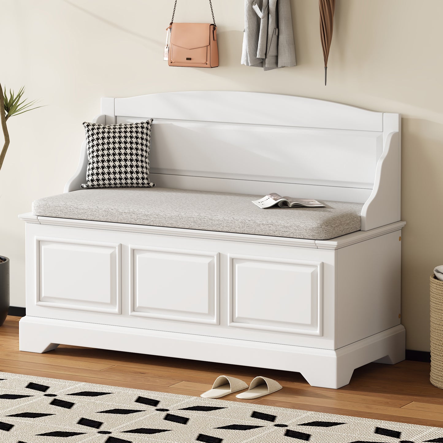 TREXM Shoe Bench, Retro Shoe Storage Bench with Safe Soft-Close Devices, Storage Chest with Hidden Storage and Cushion for Entryway, Hallway, Living Room (White)