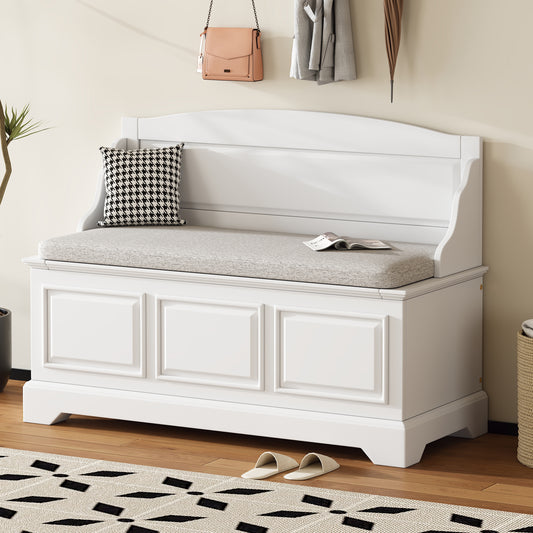 TREXM Shoe Bench, Retro Shoe Storage Bench with Safe Soft-Close Devices, Storage Chest with Hidden Storage and Cushion for Entryway, Hallway, Living Room (White)