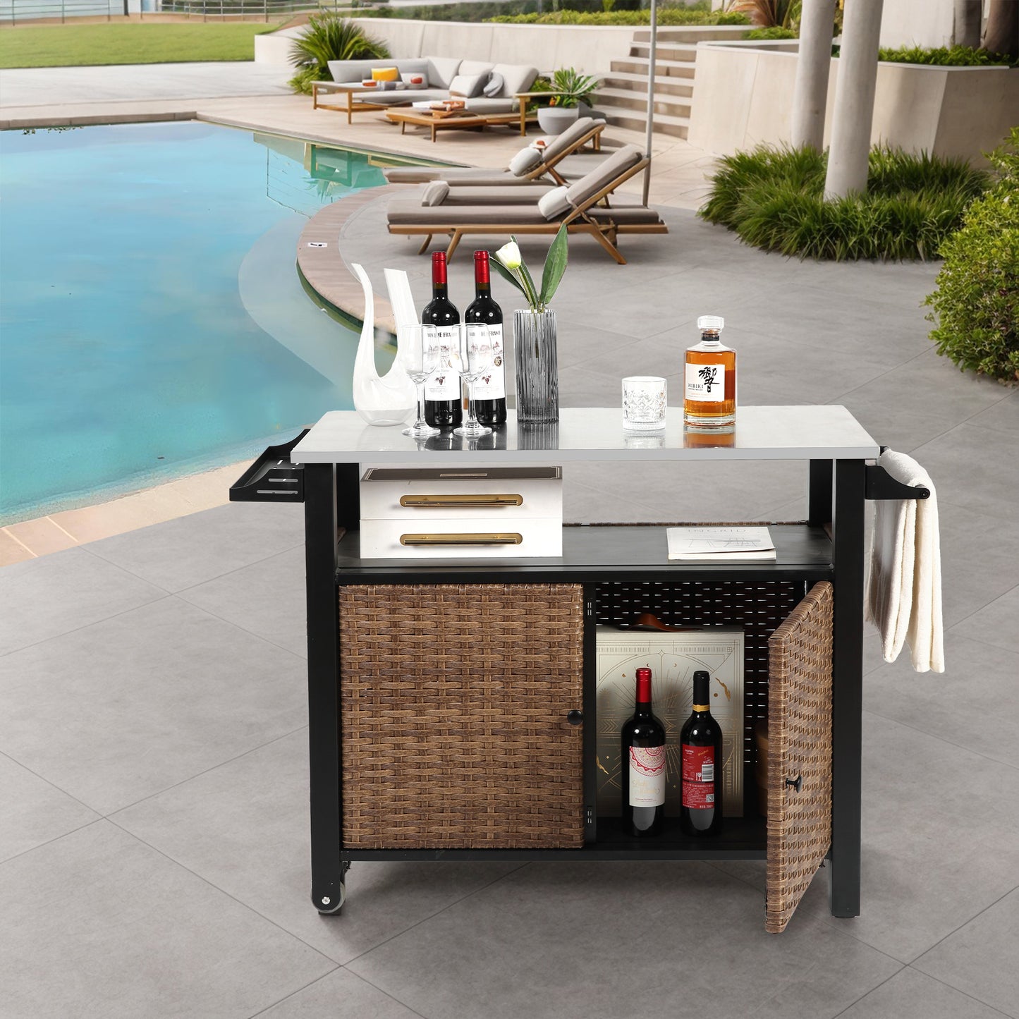 Outdoor Kitchen Wicker Island Rolling Cart & Storage Cabinet, Wheels and Stainless Steel Extended Table Top, Side Handle for Patio Kitchen or Bar Cart, Brown