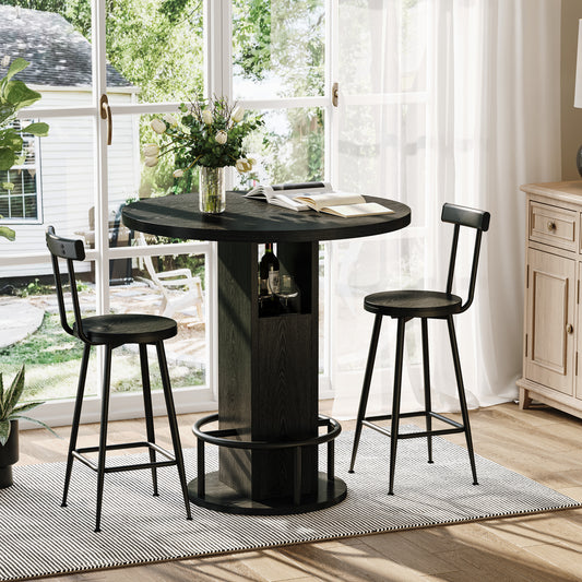 3-Piece Bar Table and Stool Set 31.5-inch round bar table with two stools Compact wooden dining bar with metal ring footrest Ideal for restaurants, cafes, bars, living rooms, and small spaces,Black