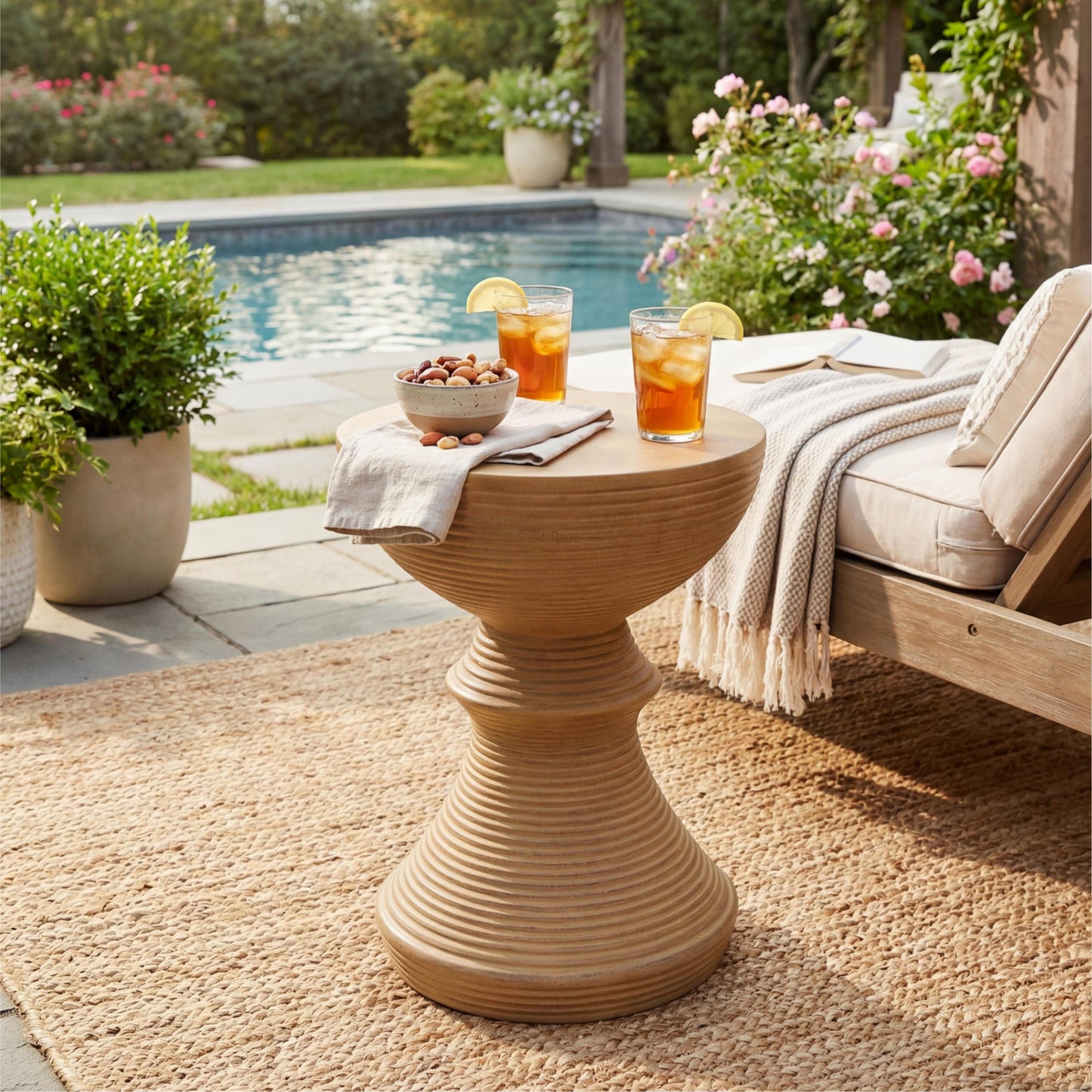 16' Ribbed Natural Concrete Outdoor Side Table with Hourglass Design – Weather-Resistant Accent for Patio, Garden, or Balcony