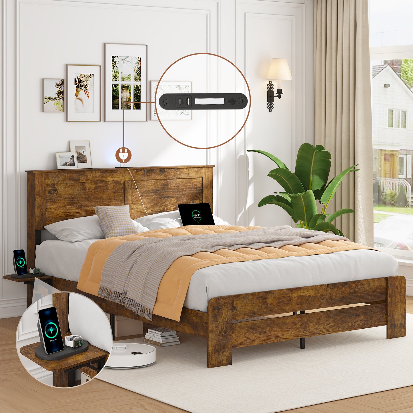 Farmhouse Queen Size Bed Frame with Headboard Storage Shelf, Wood Platform Bed Frame with LED Lights & Charging Station, Rustic Brown wood Bed, No Box Spring Needed, Noise-Free Sturdy Structure