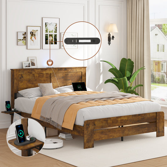 Farmhouse Queen Size Bed Frame with Headboard Storage Shelf, Wood Platform Bed Frame with LED Lights & Charging Station, Rustic Brown wood Bed, No Box Spring Needed, Noise-Free Sturdy Structure