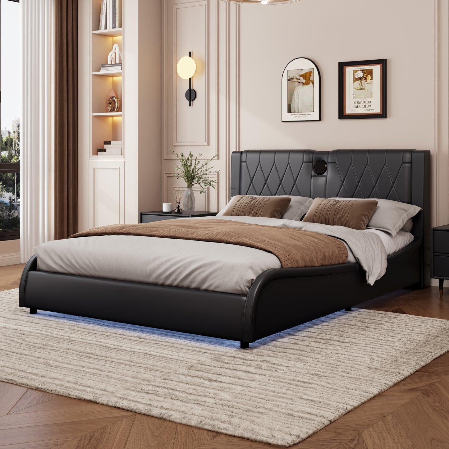 Queen Size Luxurious Faux Leather Upholstered Platform Bed with Thickened Headboard, Bluetooth Speakers and RGB LED Light, No Box Spring Needed, Black