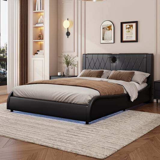 Queen Size Luxurious Faux Leather Upholstered Platform Bed with Thickened Headboard, Bluetooth Speakers and RGB LED Light, No Box Spring Needed, Black