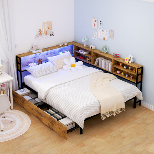 Full Corner Daybed with Storage, Bookcase Headboard, LED Light & Built-in Charging Station