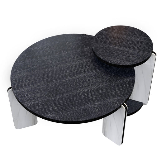 Black Oak Veneer Round Coffee & End Table Set with Sintered Stone Legs, White+Black, 83cm & 43cm Diameter, Engineered Wood