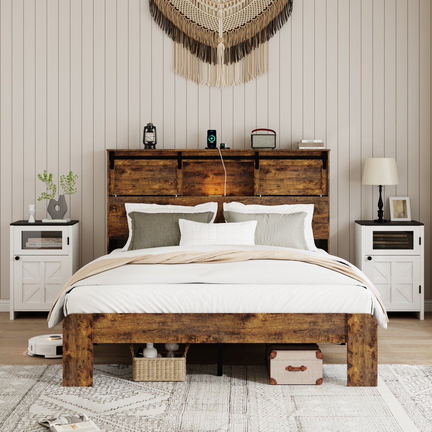 QUEEN size bed, metal bed frame with charging station, no need for box spring, (Dark Brown), no noise, easy to assemble.