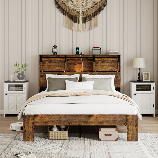 QUEEN size bed, metal bed frame with charging station, no need for box spring, (Dark Brown), no noise, easy to assemble.