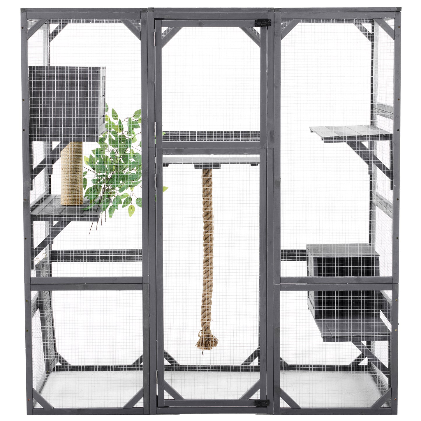 Outdoor DIY Cat House Catio with Double Enter Doors, Platforms, and Condos, Dark Grey Pine, 62.8'L x 32.2'W x 68.5'H