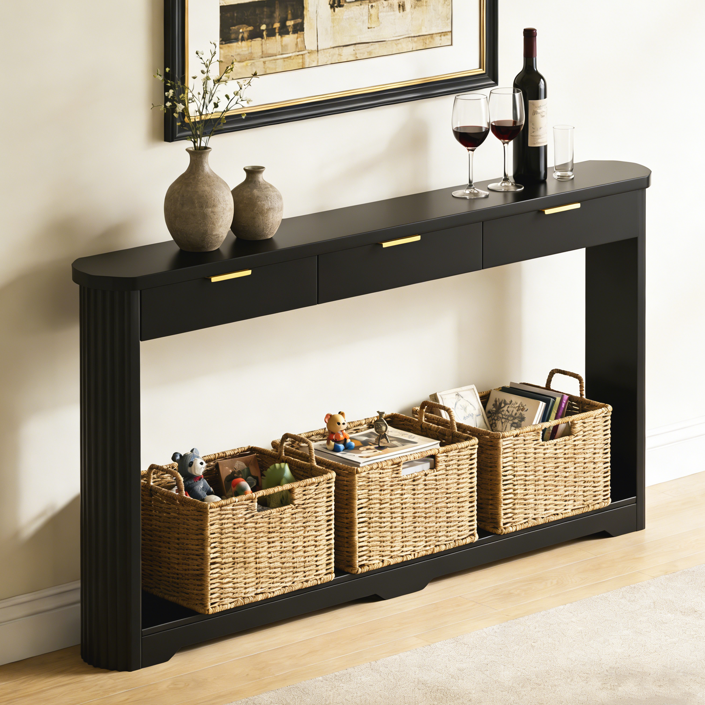 70.1' Wavy-Patterned Storage Table with Drawers; a slim wooden side table that can be placed behind a sofa, ideal for entryways, hallways, and doorways.Black.70.1'L*8.7'W*35.5'H