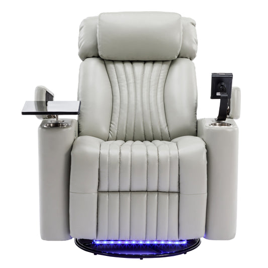 270° Power Swivel Recliner, Home Theater Seating with LED Light Strip, Cup Holder, 360° Swivel Tray Table, and Cell Phone Holder, Grey PU Leather Chair