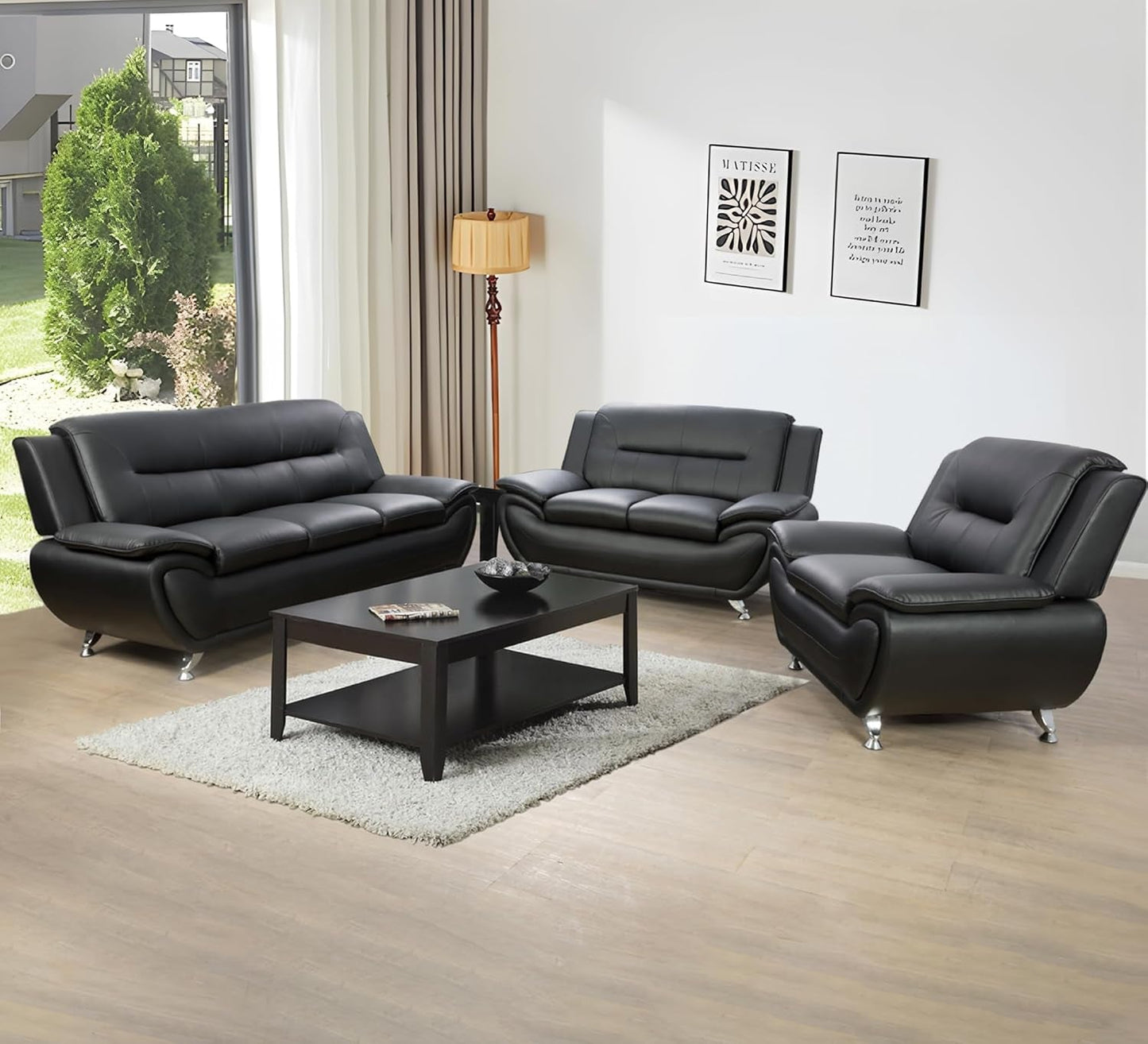 3 Piece Black Sofa Set Modern Living Room Couch Set Sofa Loveseat Chair For Home Decor