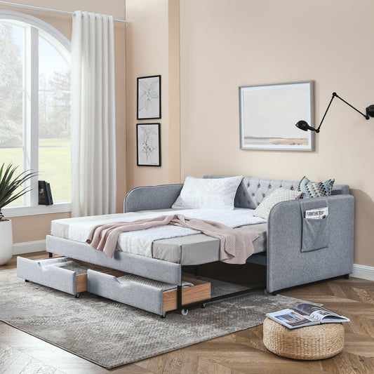 Twin Size Upholstery Daybed with Trundle Bed and Two Storage Drawers , Flat Arms with Pocket, Extendable Daybed for Bedroom Living Room,Linen Grey