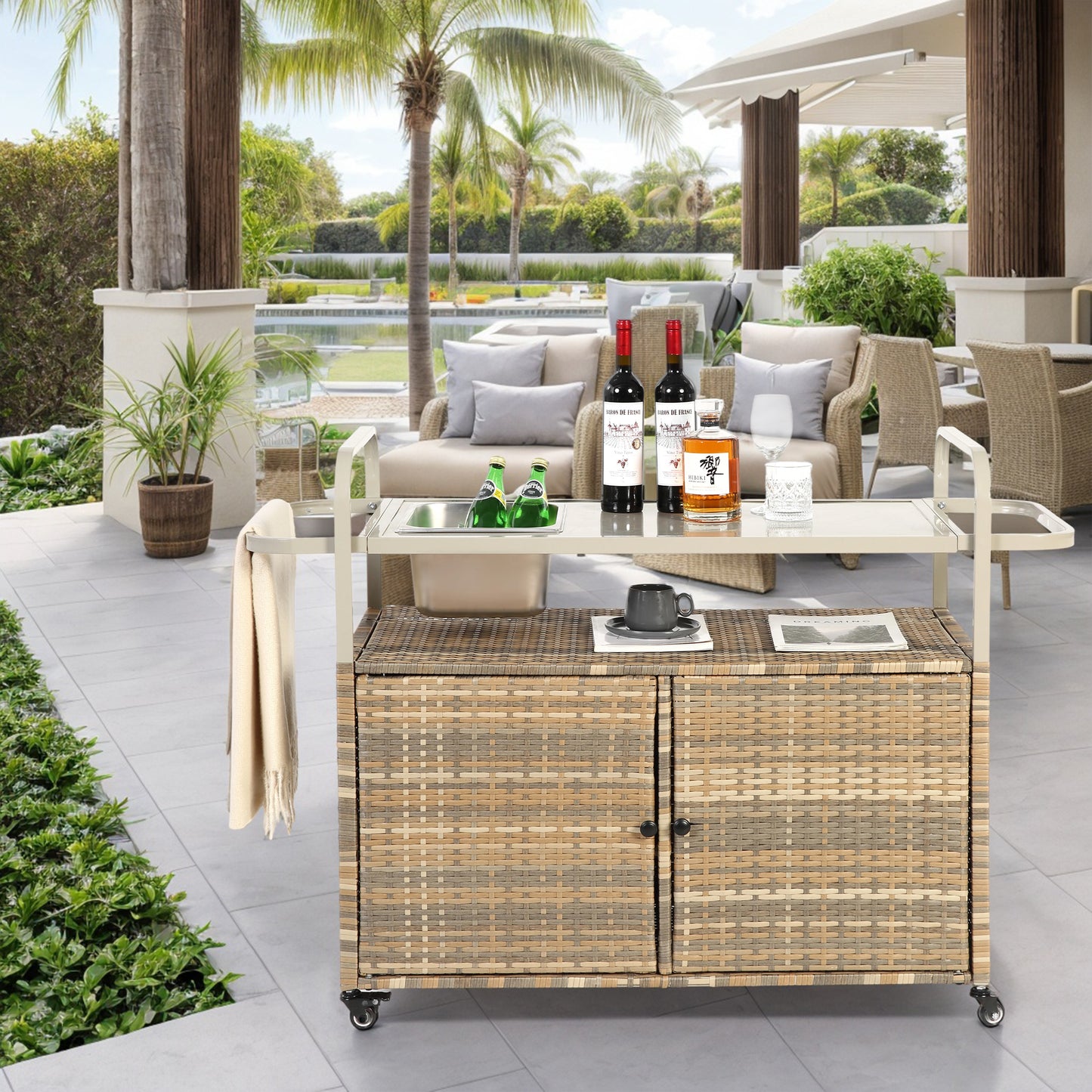 Outdoor Bar Table, Wicker Bar Cart with Cabinet, Patio Serving Cart with steel Top, with one ice bucket,Lockable Wheels, Side Basket for Garden, Poolside & Backyard, Beige
