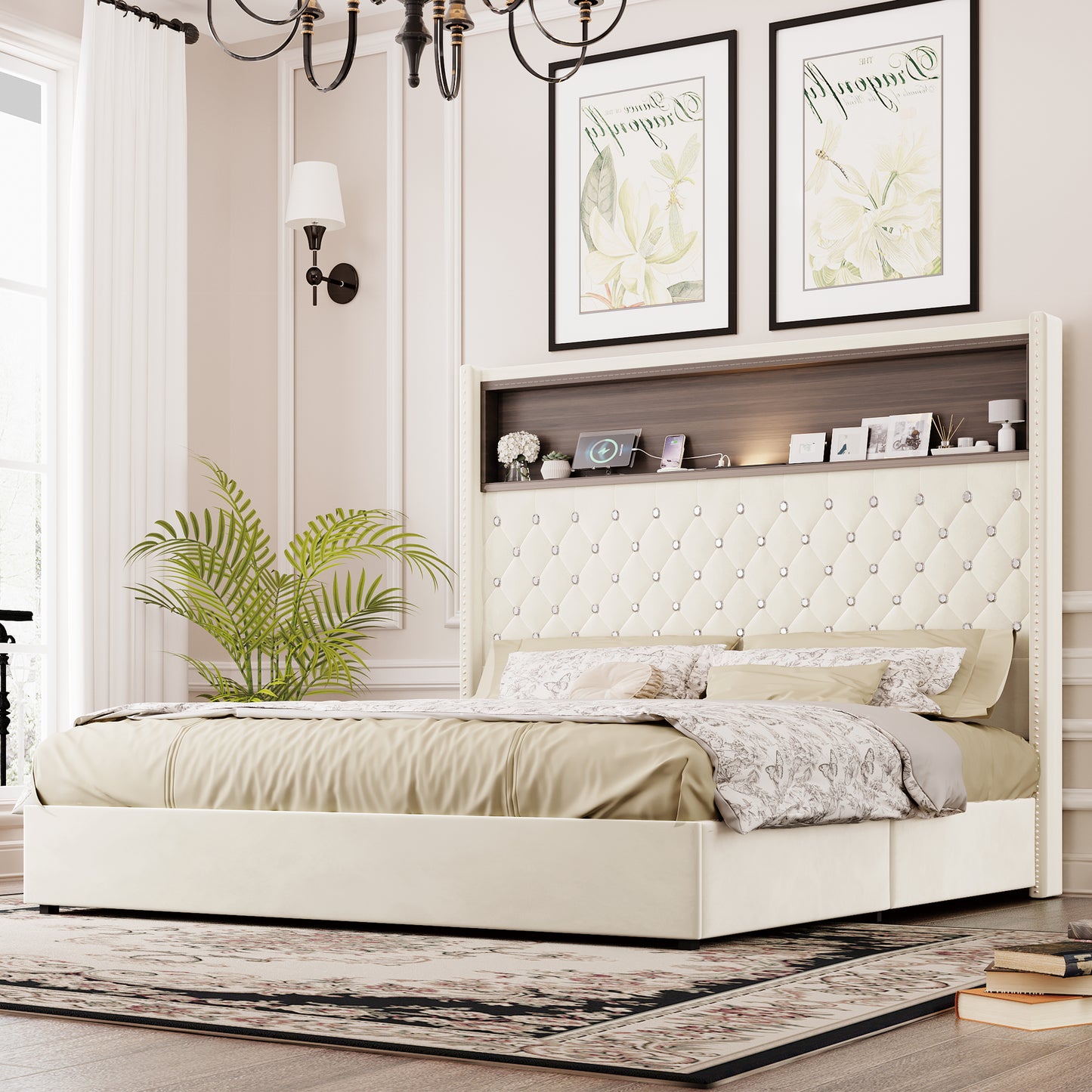 Queen Size Velvet Tufted Soft Bed Frame with USB Port and Night Light,52'' High Headboard with Rivet Decoration, Wing-back Platform Bed with Headboard Shelf, Beige