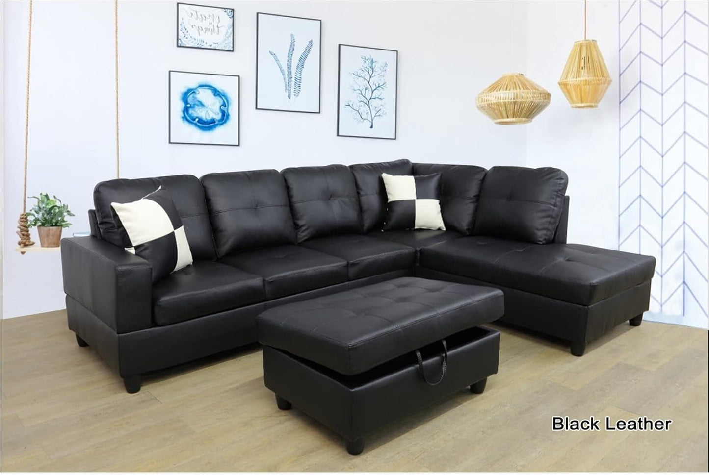 Faux Leather L Shaped Sectional Sofa Black 103 Inch Wide With Ottoman