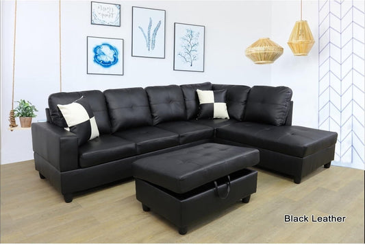 Faux Leather L Shaped Sectional Sofa Black 103 Inch Wide With Ottoman