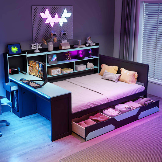 Full Size Gaming Daybed with Integrated Desk and Lights, Modern Wooden Bed Frame with 3 Storage Drawers and Built-in Charging Station, Multi-Functional Headboard Bookcase, Black+Blue