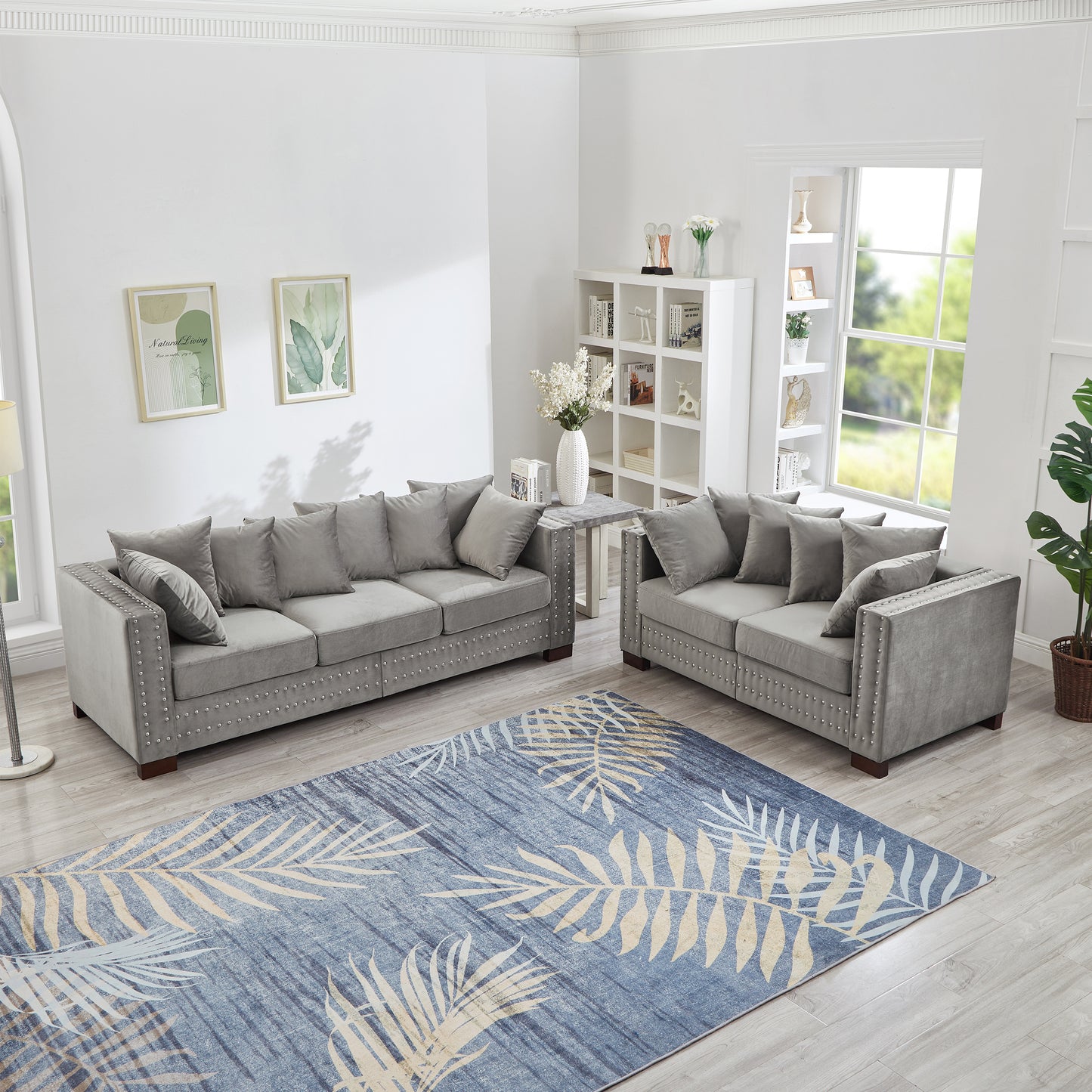 Modern Design Living Room Sofa 2+3 Seater Square armrest with Silver Nails Decoration Upholstered Velvet Couch Grey
