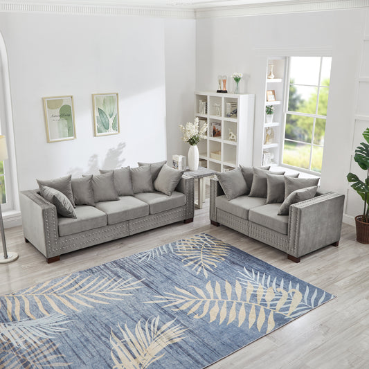 Modern Design Living Room Sofa 2+3 Seater Square armrest with Silver Nails Decoration Upholstered Velvet Couch Grey