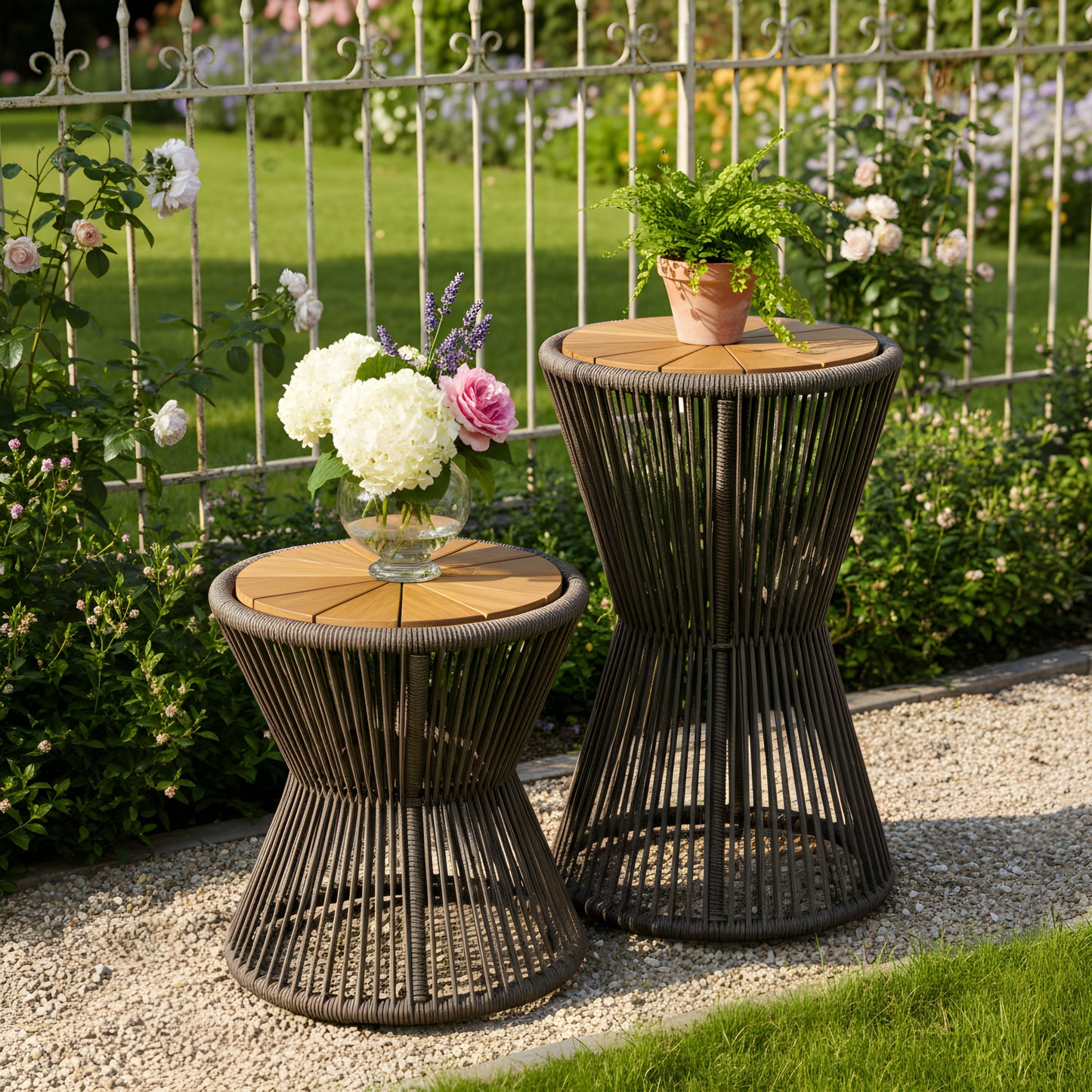 Scott Living Nara Grey Outdoor Side Table Acacia Wood & Woven Rope, Set of 2