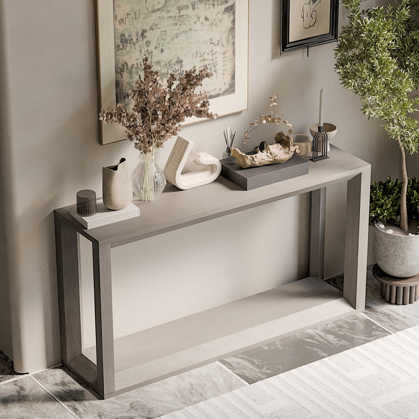 60' Rectangular Solid Wood Veneer Console Table, Wide Sofa Table,  Behind Couch Table with Ample Storage for Entryway & Living Room, Distressed Grey