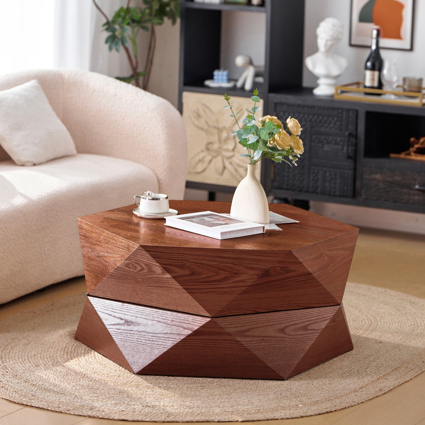 36.61'' Retro Style Polygon Flip Top Coffee Table, Flip-top hidden space, Solid Wood Veneered Drum Coffee Table with Storage for Living Room, Bedroom and Office, Reddish-brown, Brown