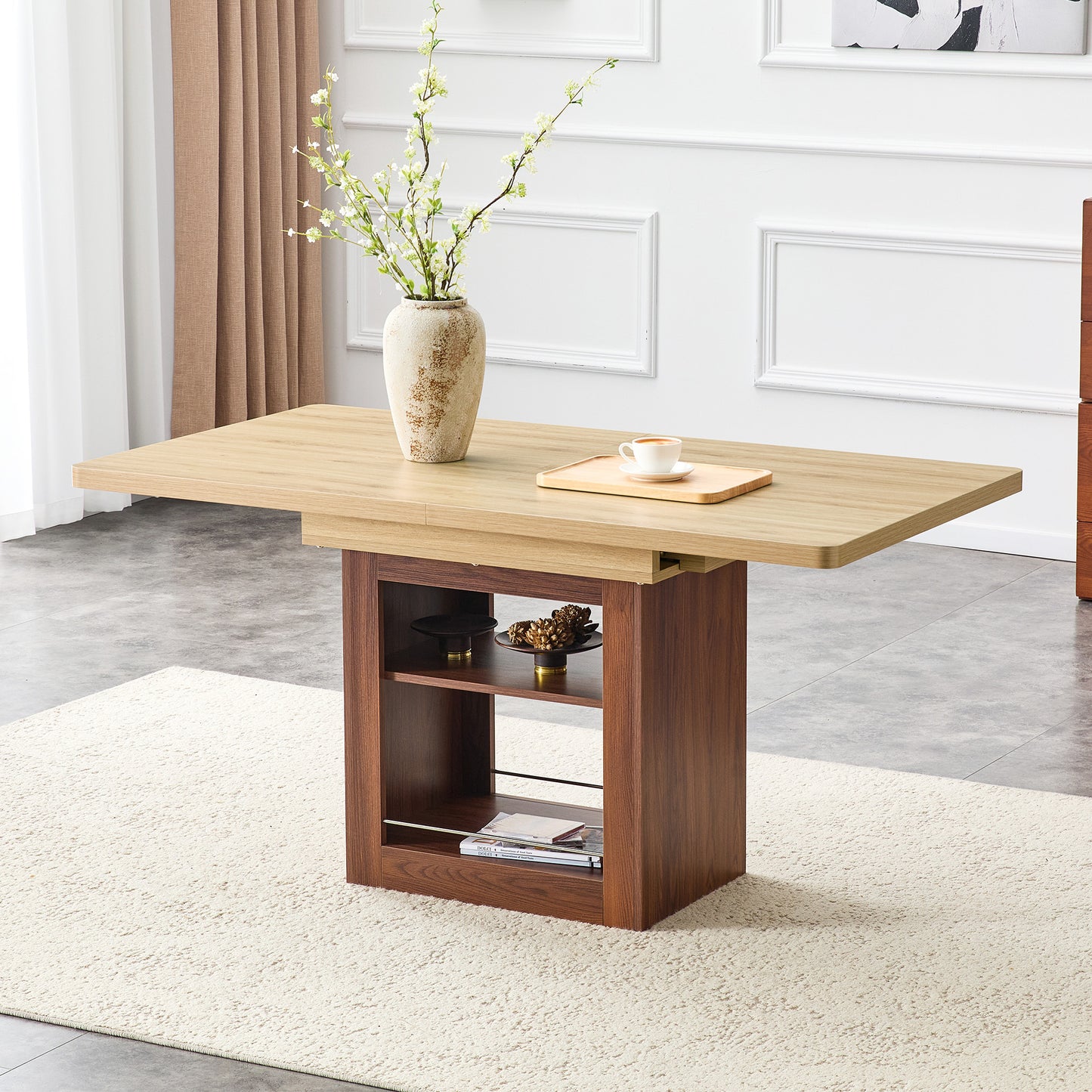 An expandable dining table with storage space, a 59 inch to 71 inch expandable kitchen dining table. Wood color rectangular pull table with sturdy MDF frame in walnut color,  accommodating 4-8 people.