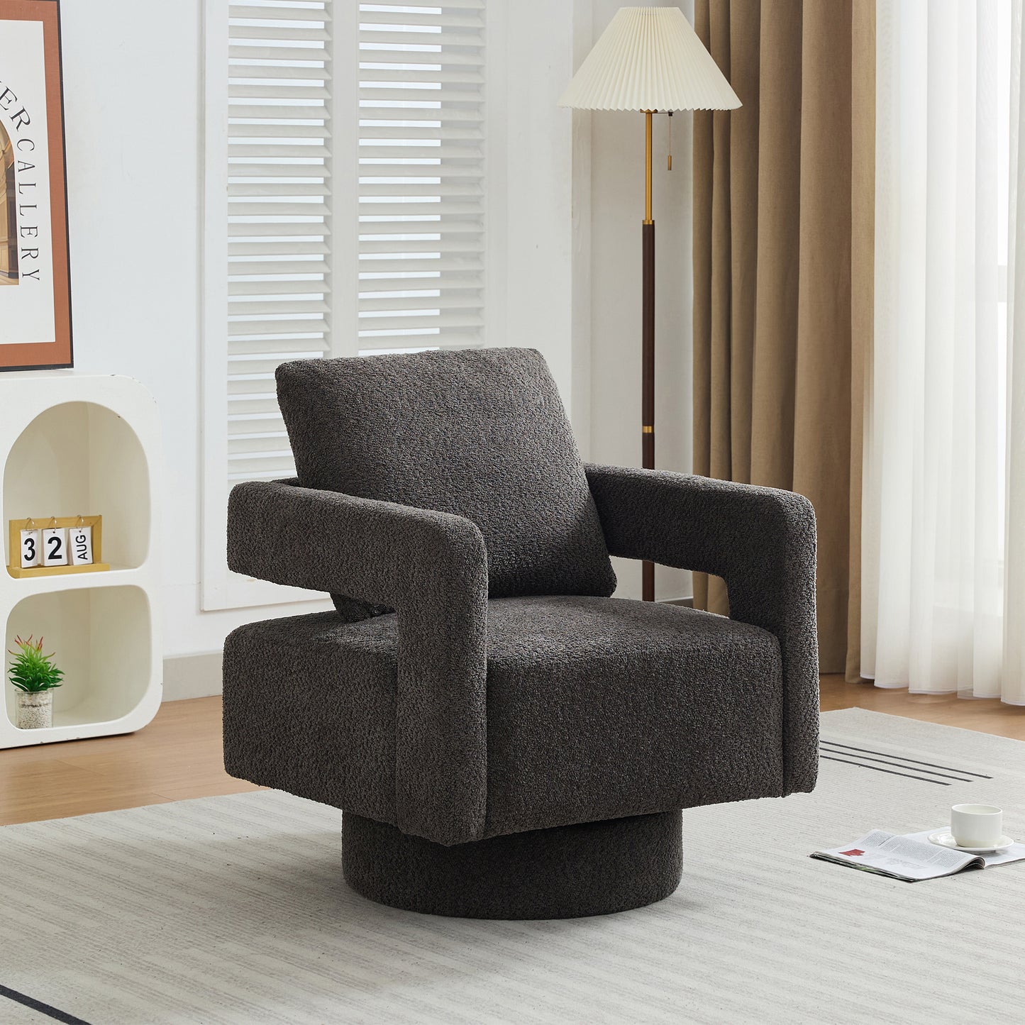 29.13' W Square Swivel Accent Chair, Modern Rotating Arm Chair with Open Back,360 Degree Rotation, Lounge Club Chair with Removable Back Cushion for Living Room, Hotel, Bed Room,Charcoal