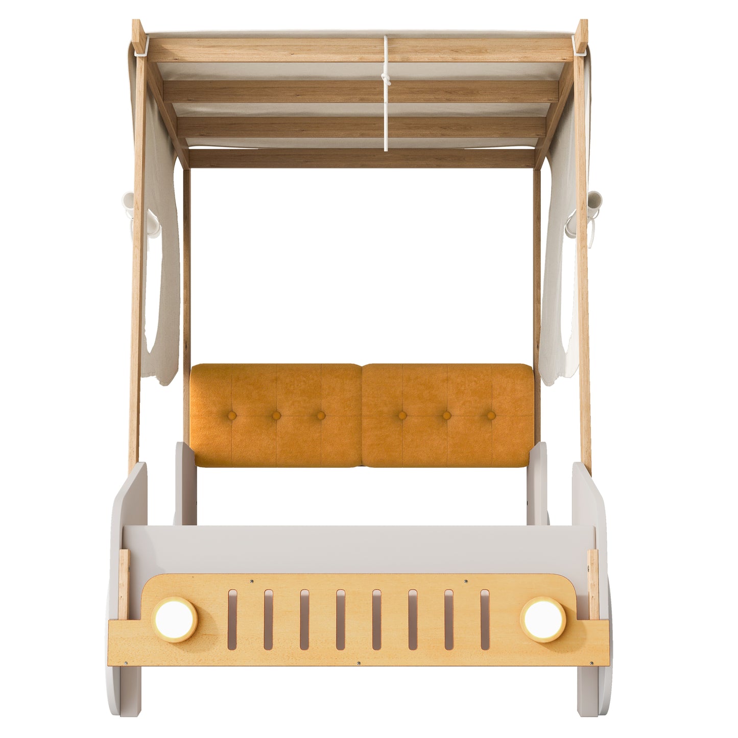 Wood Twin Size Car Bed with Pillow, Ceiling Cloth, Natural