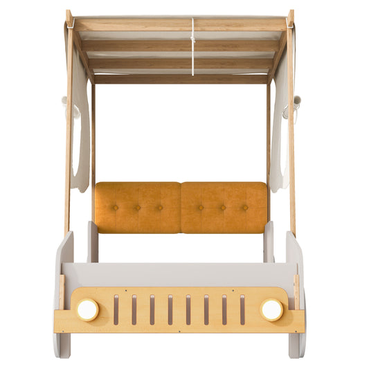 Wood Twin Size Car Bed with Pillow, Ceiling Cloth, Natural