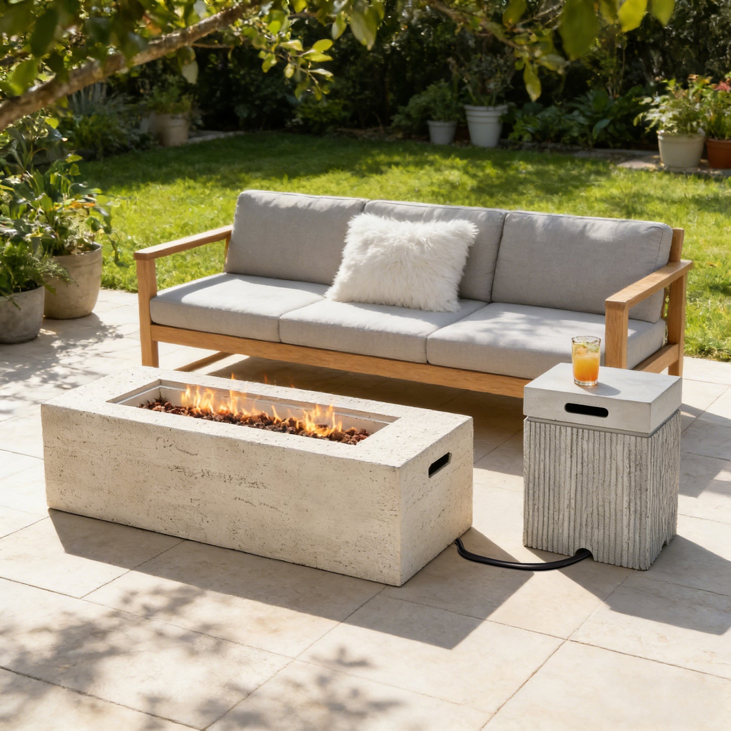 U_STYLE 2-Piece Fire Pit Set: 41.9' Propane Fire Pit (40,000 BTU) with Burner & Lava Rocks and  15.75' MGO Tank Cover Table for 20 lb Tank, Waterproof Cover, for Patio & Backyard