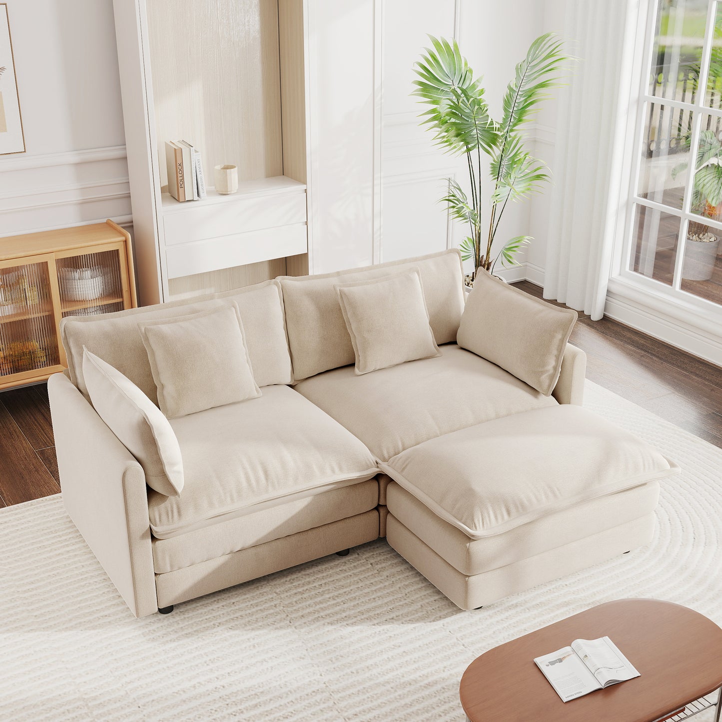 Chenille Two-Seater Sofa with 1 Footrest, 2 Seater L-Shaped Sectional with Ottoman,Loveseat with Ottoman for Small Living Space, Light Coffee Chenille