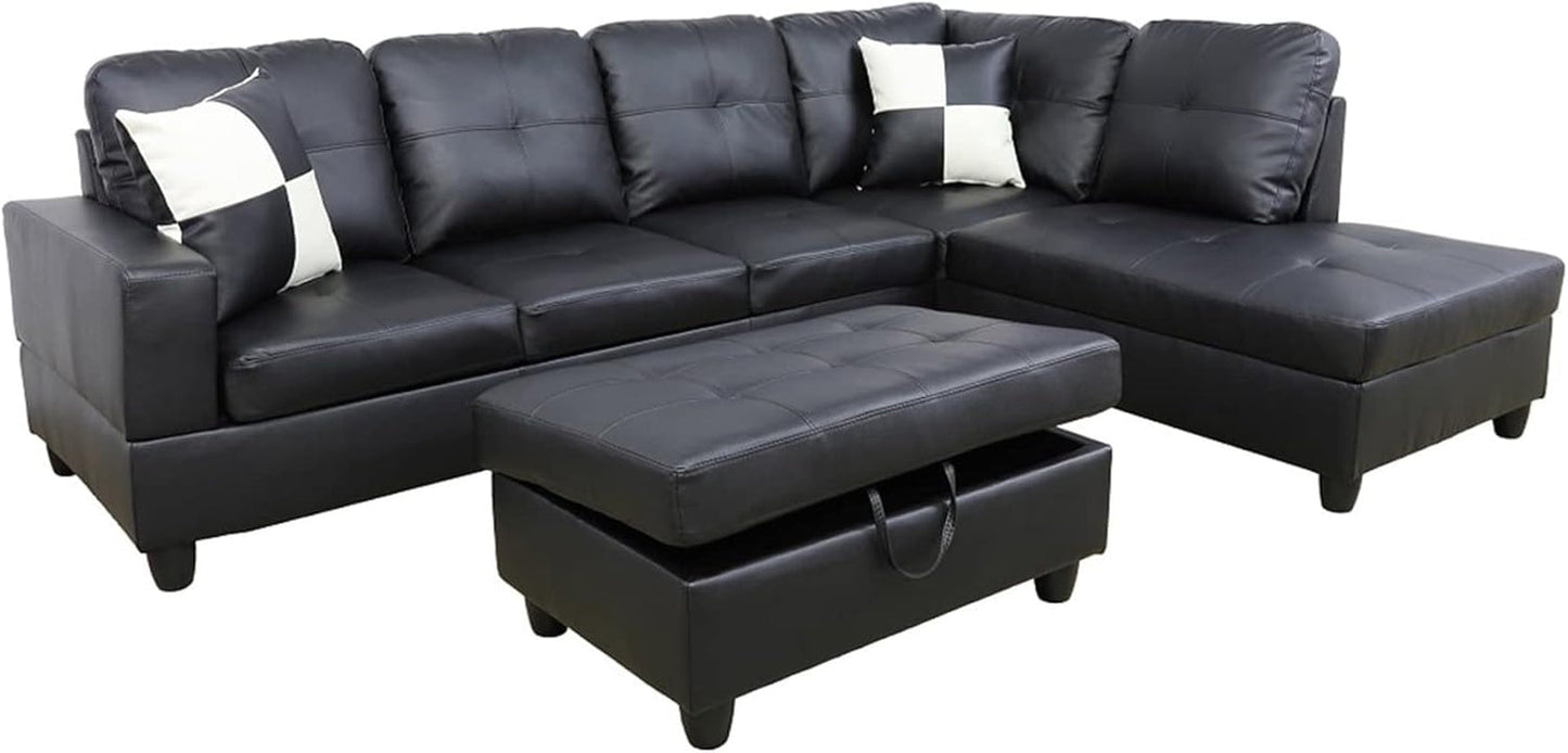 Faux Leather L Shaped Sectional Sofa Black 103 Inch Wide With Ottoman
