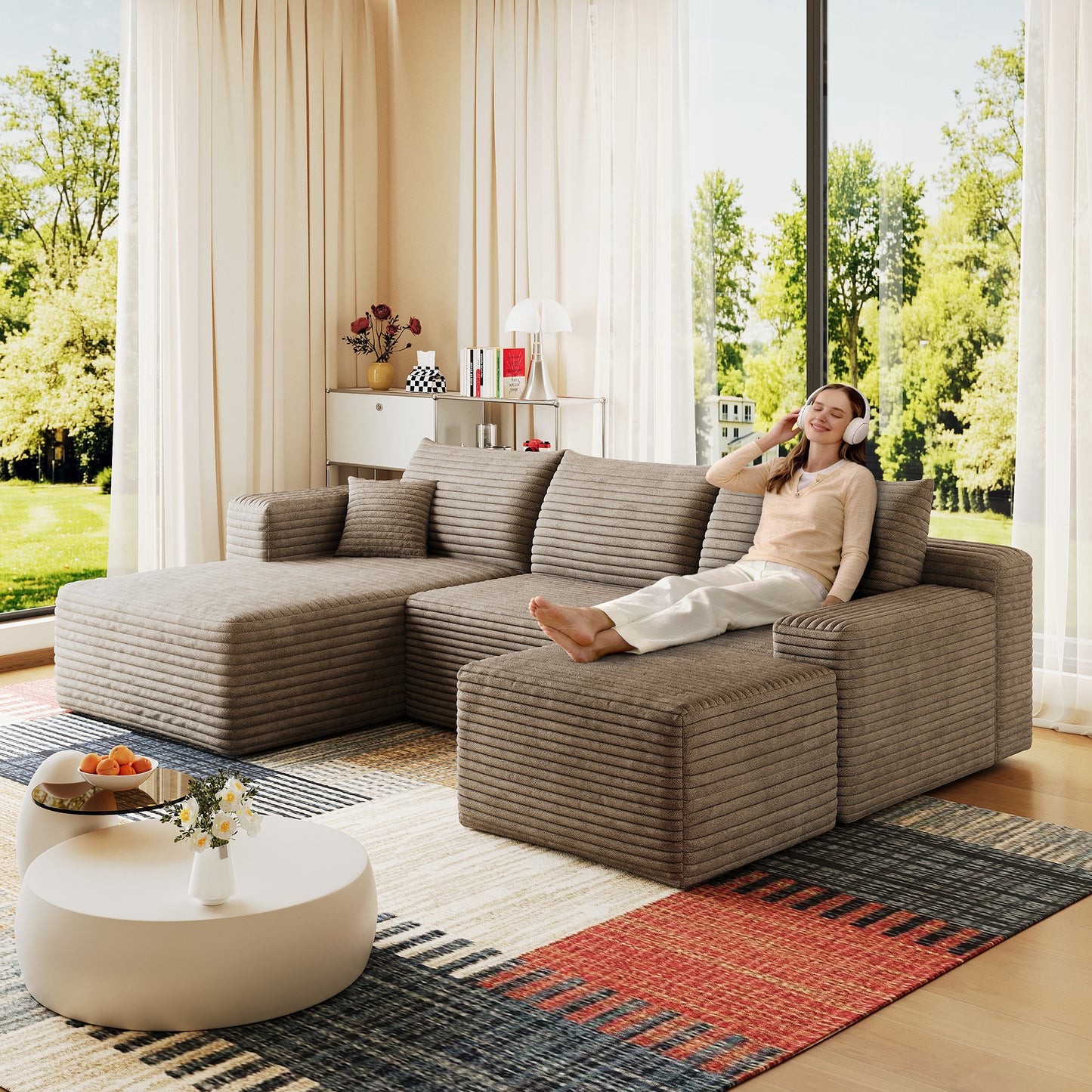 95' Cloud Sectional Sofa with 1 Ottoman,Modern Minimalist Upholstered Couches, Comfort U Shaped Sofa for Living Room,Deep Seat Corner Couch,No Assembly Required,Camel((Plush Corduroy Fabric)