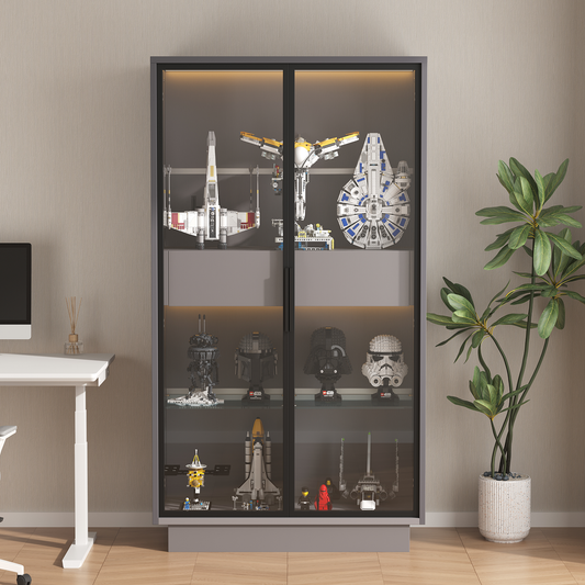 60.6'' Freestanding Glass Door Display Cabinet, Bookcase with 2 Storage Drawers, Pantry with LED Lighting and Adjustable Shelves, for Hallways, Kitchen, Livingroom & Office - Grey